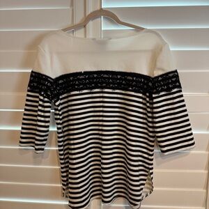 Jules & Leopold Striped Lace Embellished Top White Black Size XL